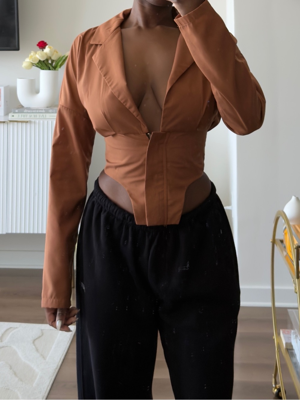 Brown V-Neck Low Cut Zip Waist Top - Picture 2 of 8